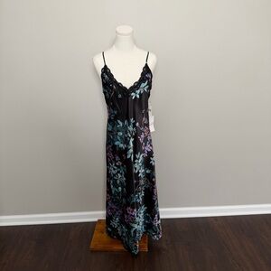 Linea Donatella Night Gown Nighty Slip Dress Midi Satin Lace Floral Black Green